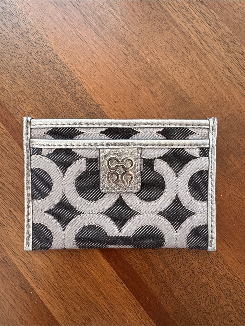 Coach Gray Black Op Art Jacquard Card Holder Wallet Metallic Silver Trim